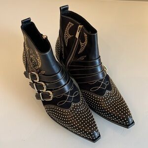 ANINE BING | Black and Gold Ankle Boots Leather & suede with Buckle Detail
